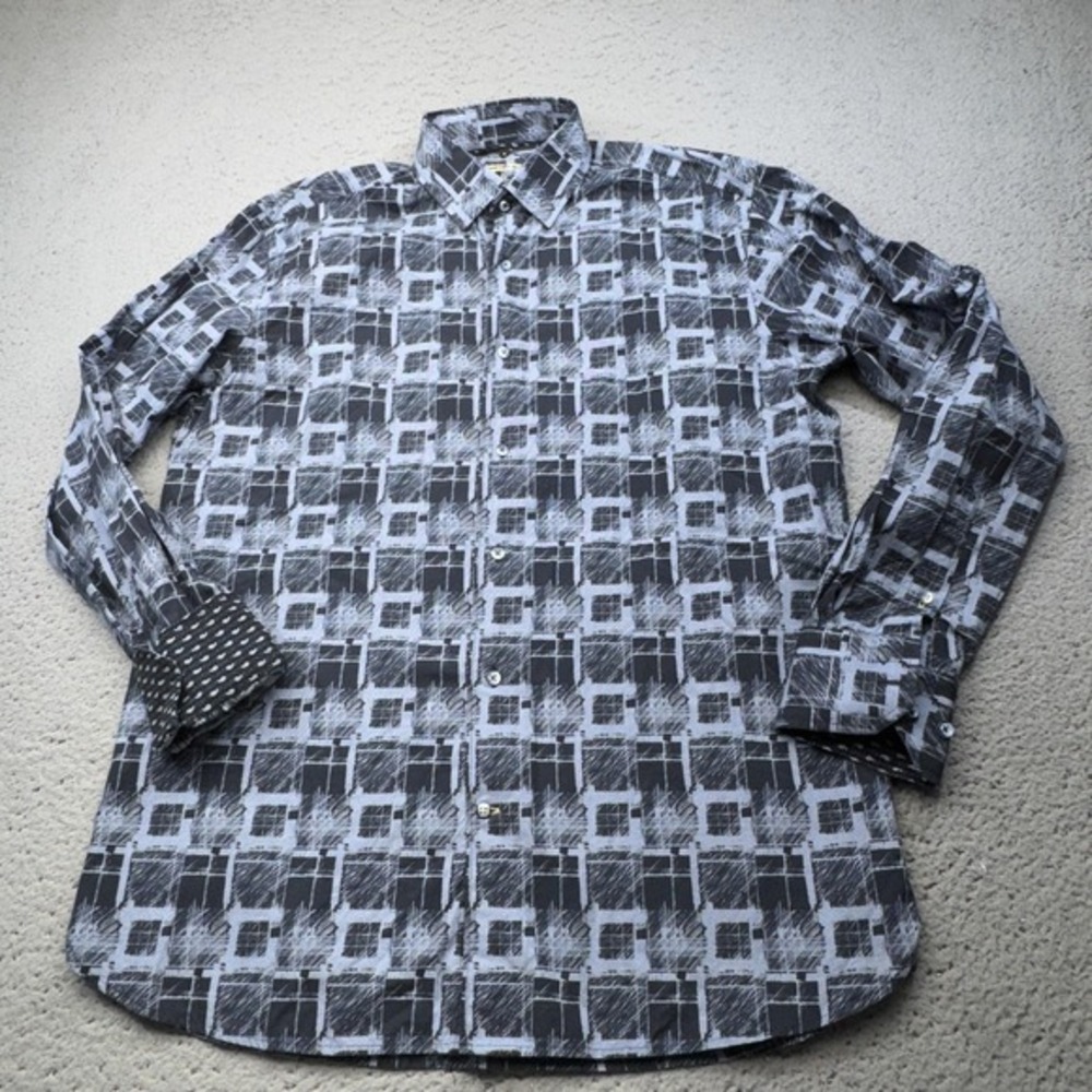 Luchiano Visconti Shirt Mens Medium Blue Check Flip Cuff Signature Casual Preppy